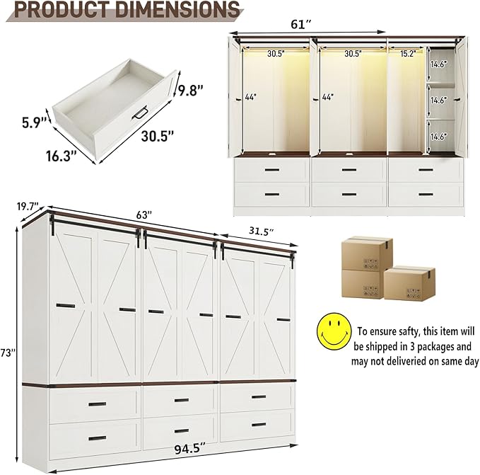 Farmhouse 6 Doors Armoire Wardrobe Closet w/Folding Sliding Barn Door and Lights, LED Armoire Closet w/ 6 Drawers for Bedroom, Freestanding Wooden Wardrobe Storage Closets w/Hanging Rod,Antique White