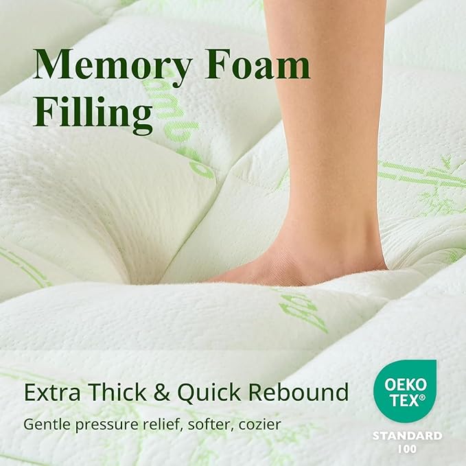 Memory Foam Mattress Topper - Viscose Made from Bamboo Pillow Top Thick King Size Mattress Pad for Back Pain, Ultra Soft & Cooling for Hot Sleepers, 6-18'' Deep Pocket, Green