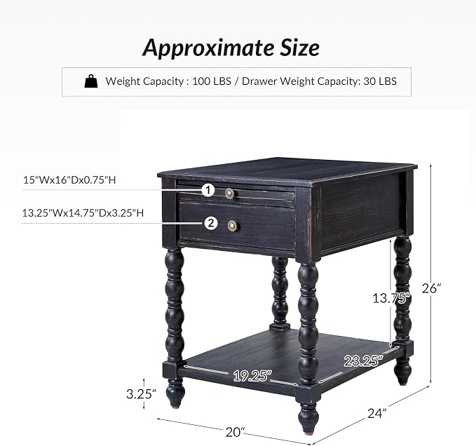 HULALA HOME Spindle Nightstands with Charging Station, Solid Wood Nightstand with Drawer Shelf, Side Table with Pull-Out Shelf (2, Charcoal) - Image 2