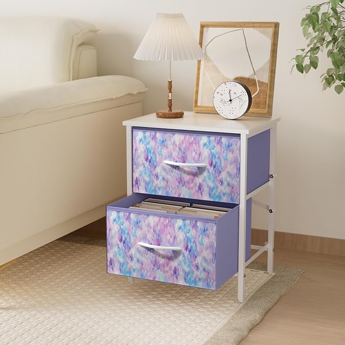 Stero Nightstand Set of 2, Kids Dresser with 2 Drawers, Steel Frame Bedside Furniture, Wood Top Fabric Night Stand, Colorful End Table for Home, Bedroom, Office, Tie-dye Purple - Image 5