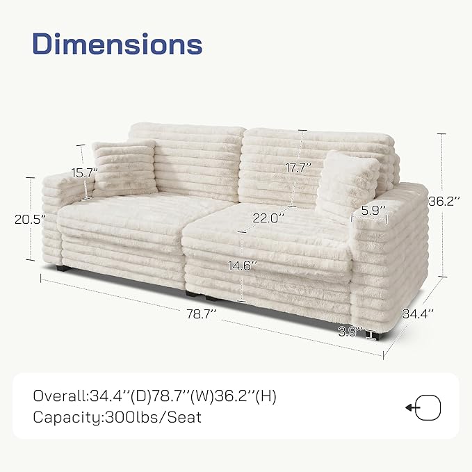 Plush Corduroy Sofa, Faux Fur Corduroy Loveseat, Oversized Deep Seat Sofa with 2 Pillows, Apartment and Small Space Sofas, Beige