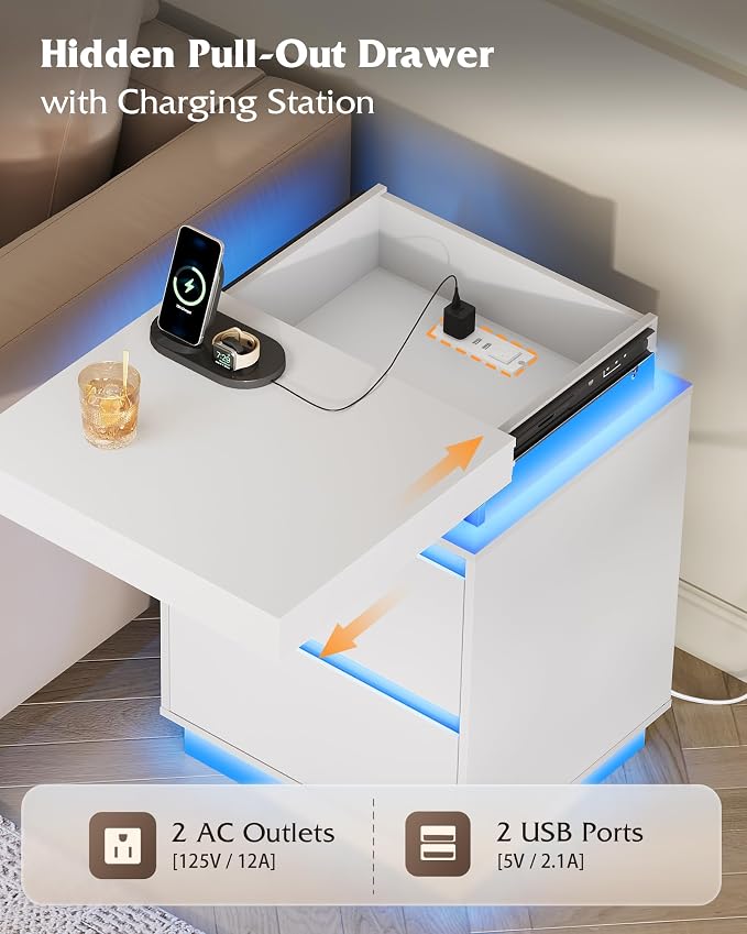 WLIVE White Nightstand with Charging Station and LED Lights, Bedside Table with 2 Wooden Drawers and Sliding Top, Modern End Table Side Table for Bedroom, Living Room, Office - Image 5