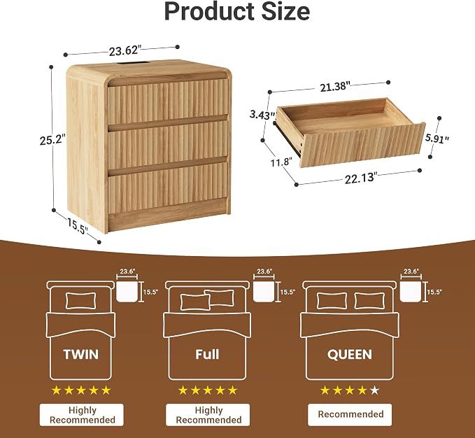 Seang 24" Fluted Nightstand with Charging Station,Wooden Bedside Table with Curved Profile Design,3 Drawers Storage,Large End Table for Bedroom,Natural,Set of 1 - Image 2