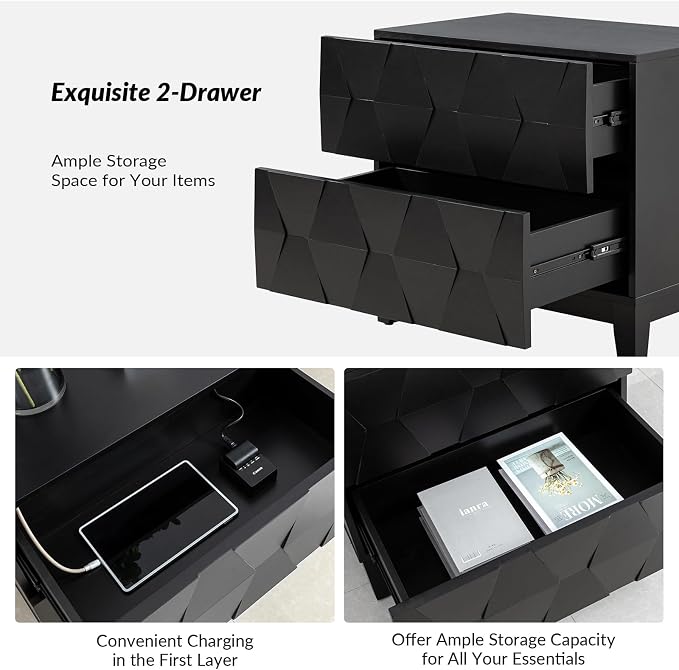 HULALA HOME Modern End Tables Set of 2 with Charging Station, 2 Drawers Side Table with Solid Wood Legs, Black - Image 5