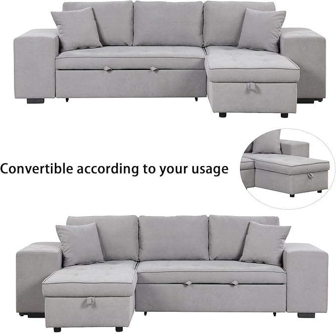 104.5 inch Reversible Sleeper Sectional Sofa with Pull Out Bed , Convertible L Shaped Sectional Couch with Storage Chaise and 2 Stools , Tufted Upholstered Pullout Sofa Bed for Living Room Apartment