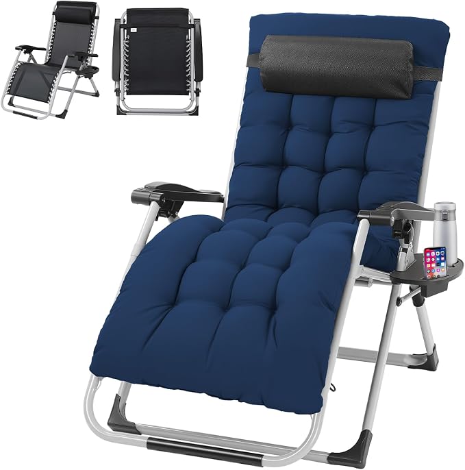 VINGLI 29" Padded Zero Gravity Chair, Lounge Chair with Removable Cushion & Tray， Folding Reclining Patio Chairs， Recliner Chair for Lawn，Indoor Outdoor-Blue by VINGLI