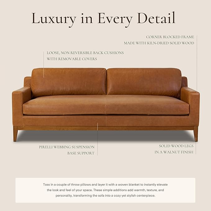 POLY & BARK Zyon 90" Sofa – Saddle Tan Full-Grain Pure-Aniline Italian Leather, Feather-Down Cushions, Solid Wood Base & Legs, Mid-Century Modern Design