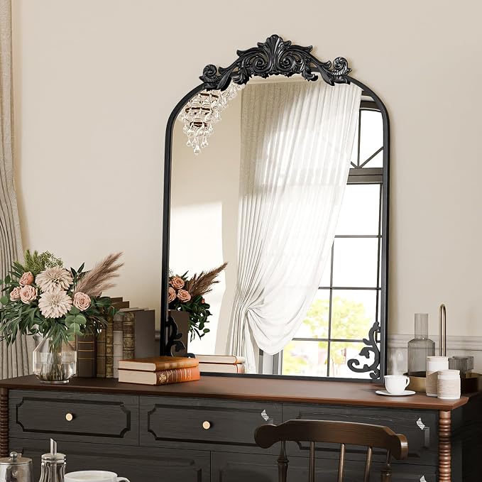 Koonmi Vintage Mirror, 26x38 Retro Wall Mounted Vanity Mirror, Tempered Glass, Detachable Flower Head, Black Antique Decorative Arched Mirrors for Bathroom Entryway Fireplace Hallway by KOONMI