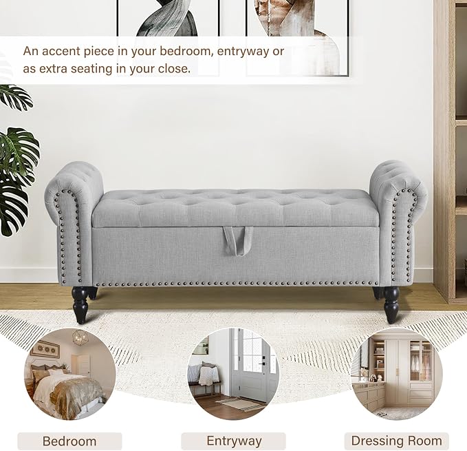 Furnimart Storage Ottoman Bench for Queen Size Bed, Faux Linen Upholstered Storage Bench Accent Bench with Rolled Arms for Bedroom,Living Room, Entryway, 2.5Cubic Feet - Image 5