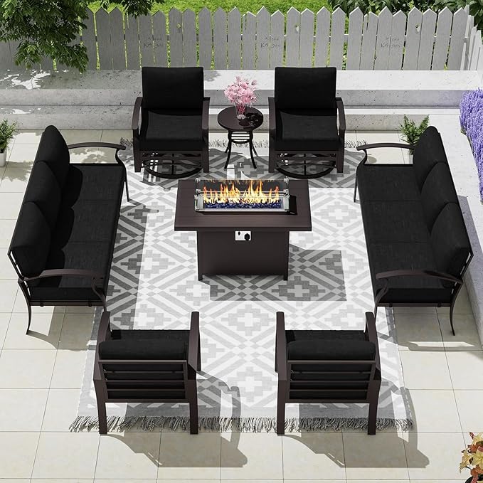 Patio Furniture Set 10 Seats Aluminum Armrest Sofa, Modern Outdoor Living Room Set with 55000 BTU Propane Aluminum Fireplace, Outdoor Rotary Joystick with Thick Cushion