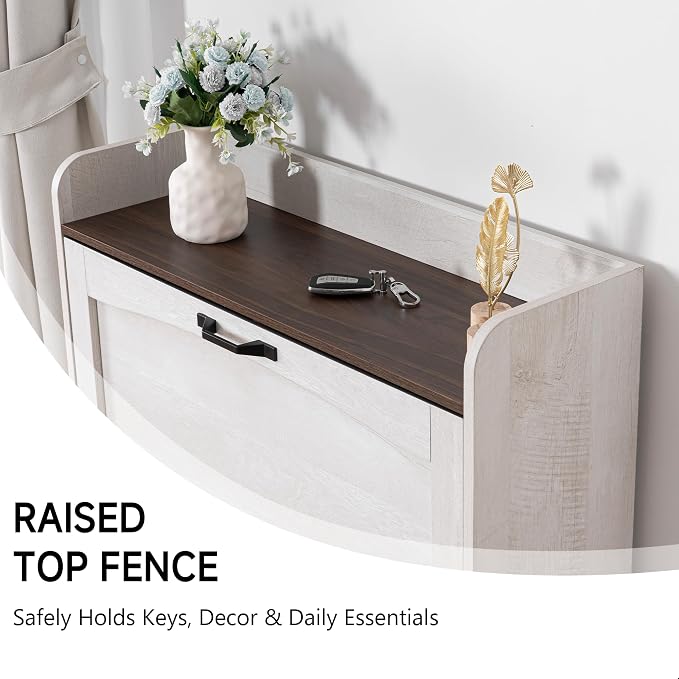 Narrow Shoes Storage Cabinet, Entryway Storage with 2 Flip Drawers, Farmhouse Shoe Organizer with Removable Shelves, Anti-Drop Top Fence, 40.4H x 31.4W (Warm White Grayish) - Image 4