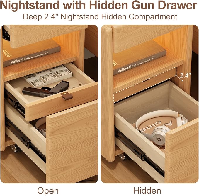 3 Drawers Nightstands with Charging Station,Modern Nightstand with Hidden Drawer,Jewelry Drawer,Mobile Bedside Table for Bedroom,Natural Finish - Image 8