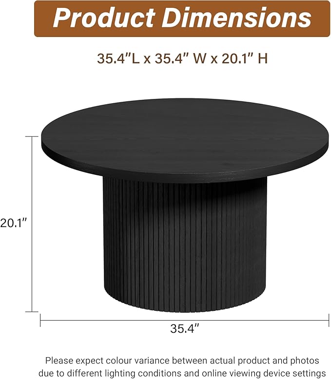 Round Coffee Table, 35.4" Circle Wide Coffee Table, Wood Table and Center Table for Living Room, Black