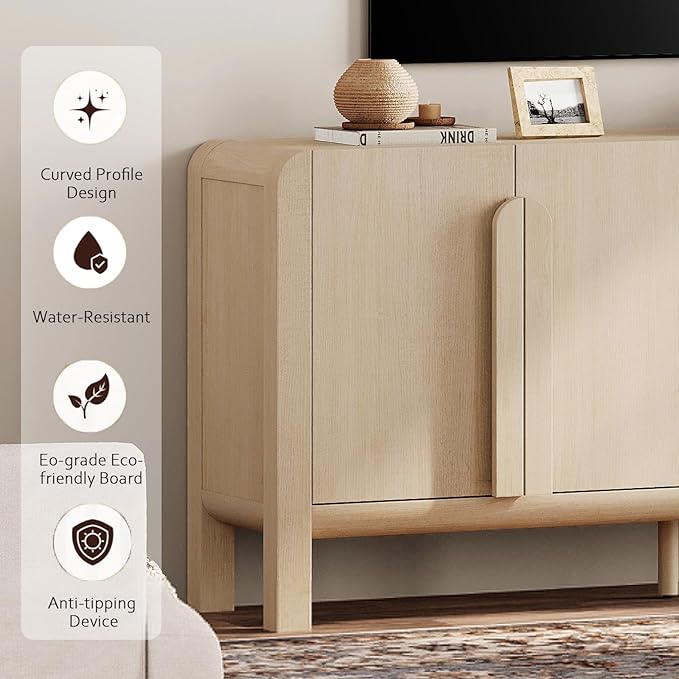 WAMPAT 2 Piece Beige Dresser and Nightstand Set, Modern 63" Wide Dresser Cabinet and Nightstand Set with Charging Station, Wood Storage Closet Chest with Curved Profile Handles for Bedroom