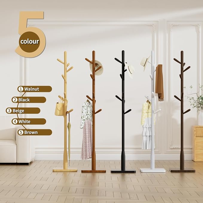 Solid Wood Square Base Coat Rack, Free Standing Hall Coat Tree with 8 Hooks（+2 spare) for Coats, Hats, Bags, Purses, for Entryway, Hallway, Rubberwood Hooks,Base and Pole,(Square Base, Dark Walnut) - Image 7