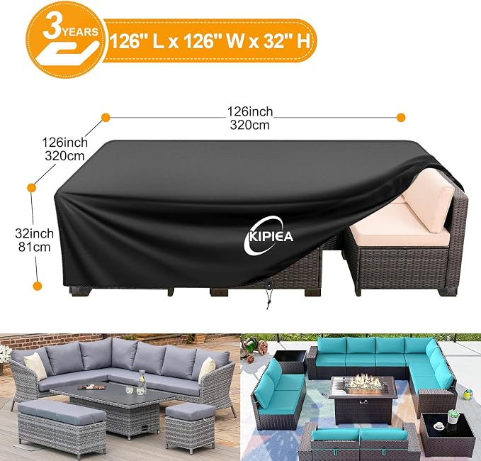 Kipiea Outdoor Furniture Covers Waterproof, 420D Heavy-Duty Patio Furniture Set Covers, No Tears Anti UV No Fading (126" L x 126" W x 32" H) - Image 2