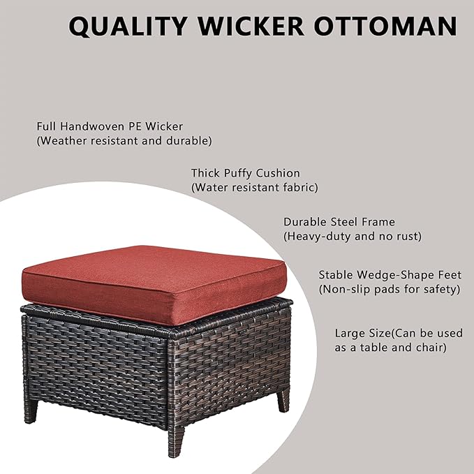 Rilyson Wicker Patio Furniture Chairs Set - 7 Piece Rattan Outdoor Sectional Conversation Sets with 1 Sofa,4 Armrest Chairs and 2 Ottomans for Porch Deck Garden(Brown/Red)