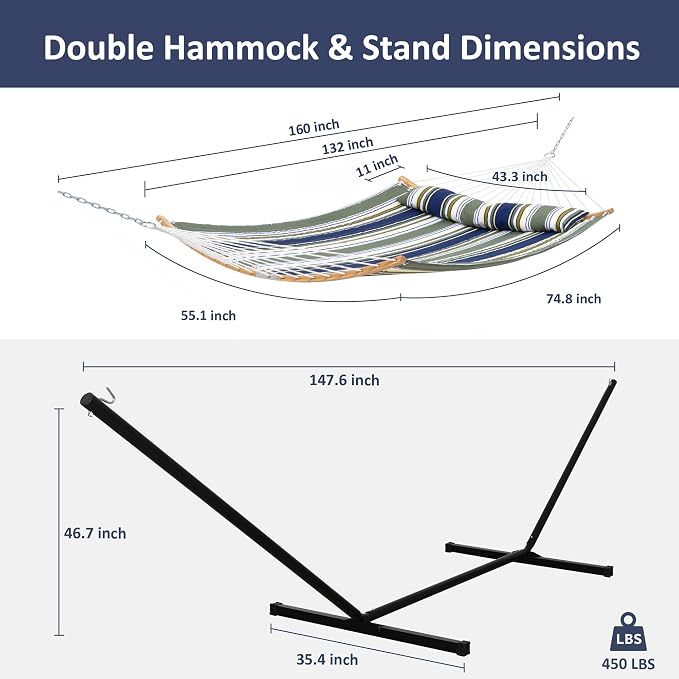 SUNCREAT Hammocks for Outside with Stand Included, Double Hammock with Curved Spreader Bar, Carrying Bag, Dark Green Stripes - Image 6