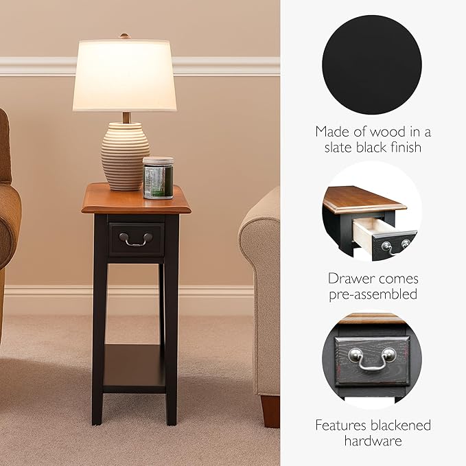 Leick Home Haven Ridge Narrow End Table, Solid Wood, with Drawer and Shelf, for Living Room and Small Spaces, Medium Oak and Black, 9017-SL