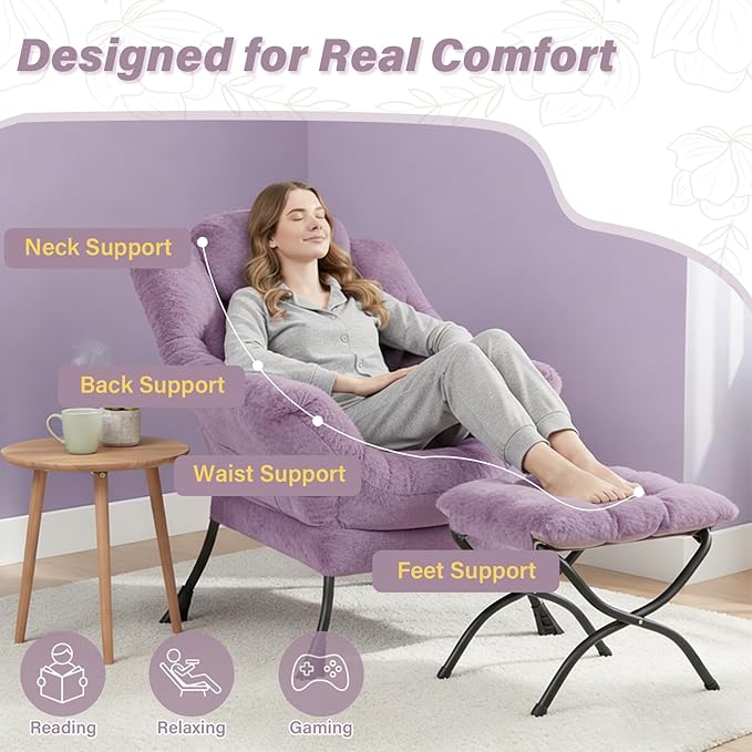 Plush Lazy Chair and Ottoman, Large Purple Plush Contemporary Accent Chair with Side Pocket, Modern Leisure Upholstered Reading Armchair with Footrest for Bedroom, Living Room, Balcony