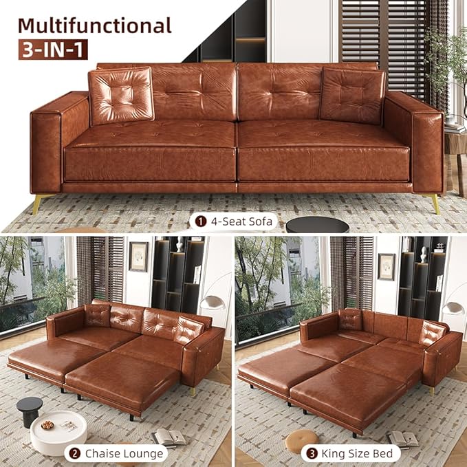92" 3-in-1 Faux Leather Convertible Sleeper, King Size Pull Out Sofa Bed, 4-Seater Mid Century Modern Tufted Couch with 2 Pillows for Living Room, Apartment, Office (Chestnut/Reddish-Brown) | Leather Sofa Bed, King Pull Out Sofa, Tufted Couch