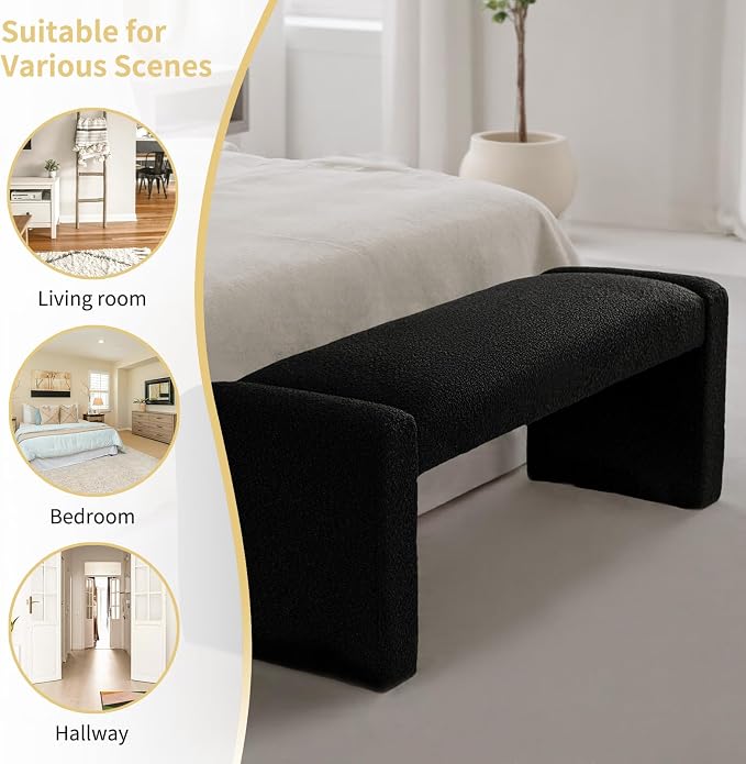 SIMTONAL Black Entryway Bench with Solid Wood Frame, 47" Boucle Window Seat Upholstered End of Bed Bench for Bedroom Living Room - Image 4