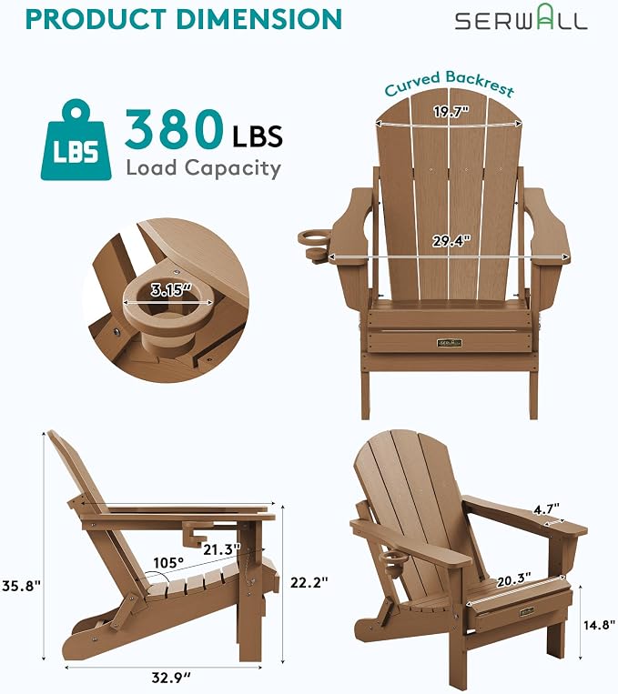 SERWALL Folding Adirondack Chair Set of 2 Outdoor Chairs Painted Adirondack Chair with Cup Holder Weather Resistant for Patio Deck Garden, Backyard Deck, Fire Pit- Brown - Image 3