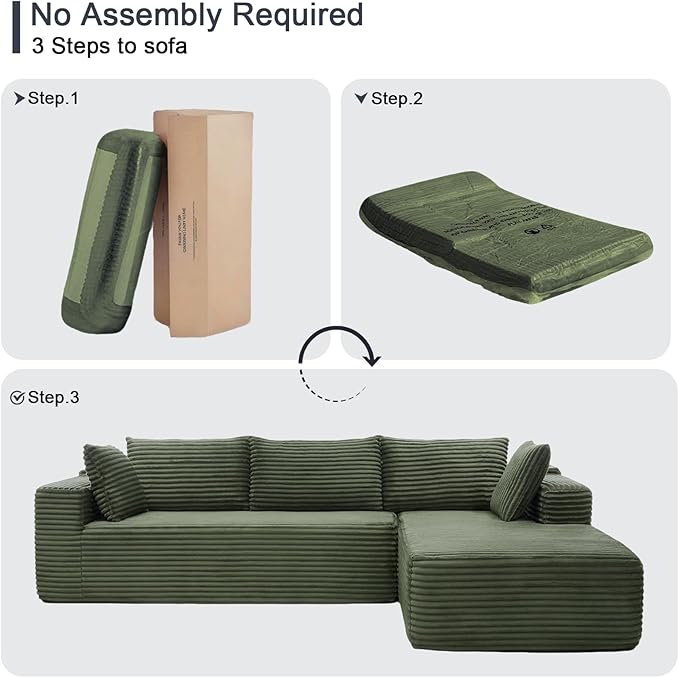 104" Modular Sectional Sofa for Living Room, Sectional Couches with Deep Seat, L-Shape Couch with Chaise, Boneless Couch for Living Room Bedroom, No Assembly Required (Right, Green)