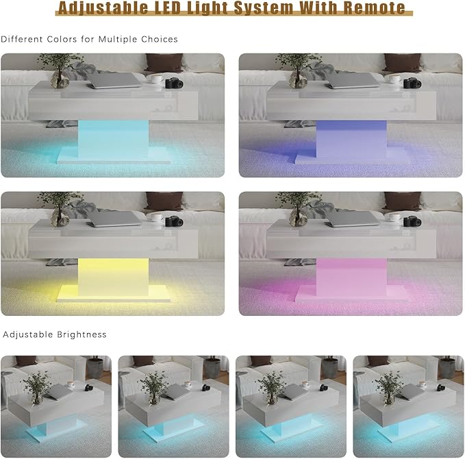 White Led Coffee Table with 2 Storage Drawers for Living Room, Living Room Table Rectangular Center Table, Modern High Glossy Wooden Coffee Tables with Lights for Dining Reception Room