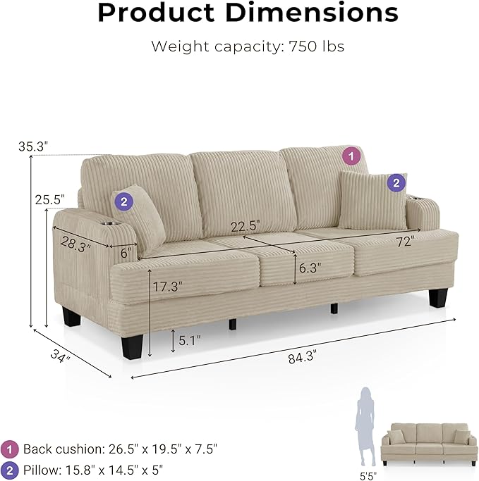 Homes: Inside + Out Reese Modern Plush Chenille Couch with Side Pockets, Cup Holders and USB Ports, Wooden Comfortable Sofa for Living Room, Bedroom and Office, Beige