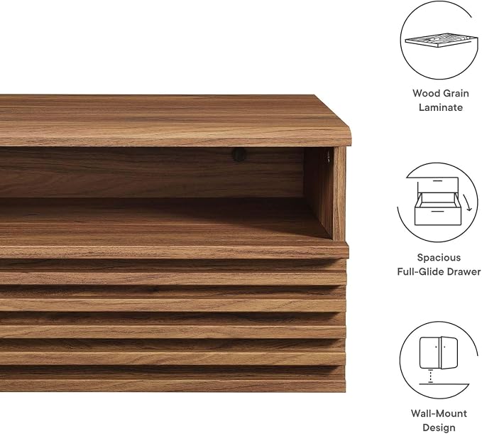 Modway Render Mid-Century Modern, Wall-Mount Nightstand, Walnut - Image 7