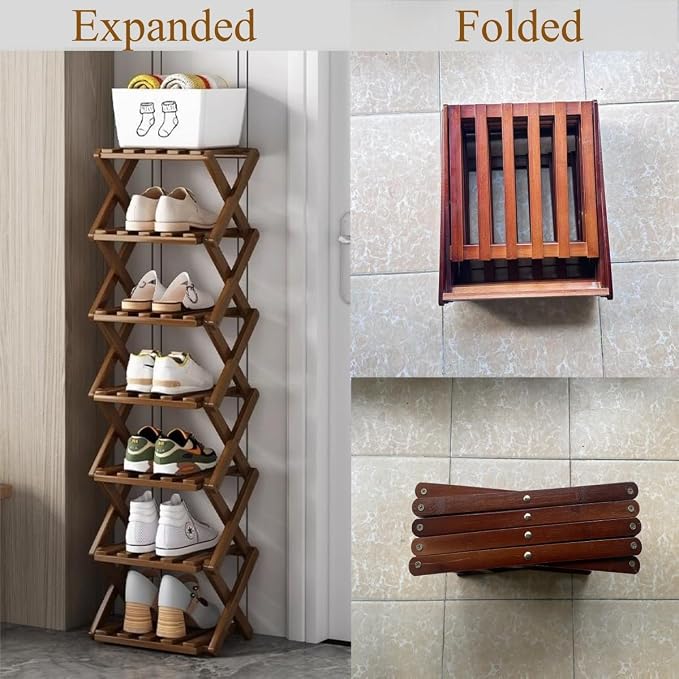 Foldable Shoe Rack, Bamboo Vertical Shoe Organizer Tall for Small Spaces. Multifunctional Narrow Shoe Shelf for Entryway, Closet, Corner, Bedroom, Hallway, Brown Color 4 Layers - Image 5