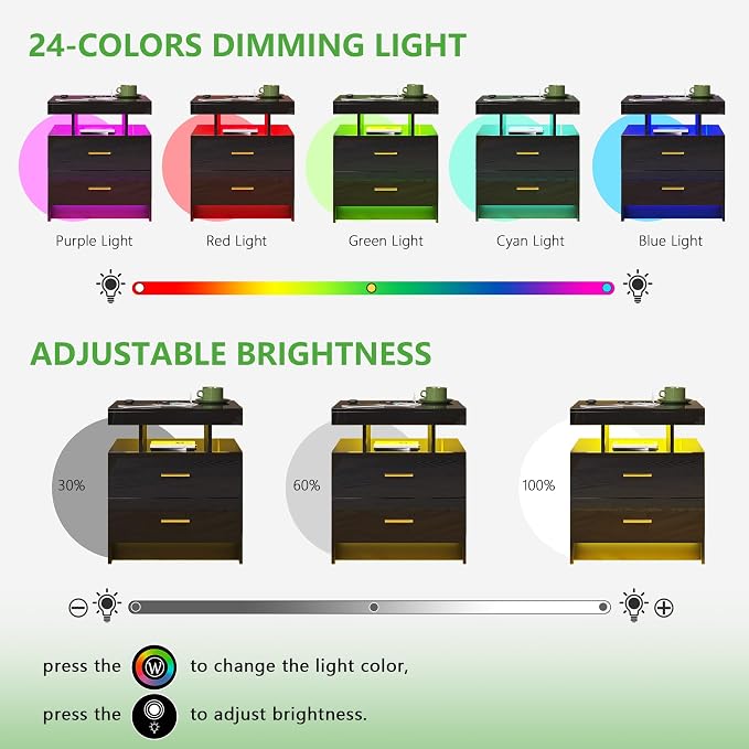 HNEBC Night Stands Set 2 with Charging Station for Bedroom, Auto LED Nightstand with Wireless/USB Port, Modern Bedside Tables has 24-Color Lights, Side Tables with 2 Drawer for Bedroom Black - Image 6