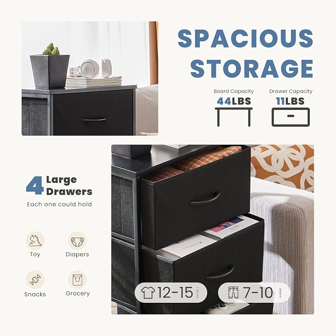 DUMOS Nightstand with 4 Drawers Bedside Table with Removable Fabric Bins Sturdy Steel Frame Wood Top Organizer Furniture for Bedroom Closet Living Room - Image 4