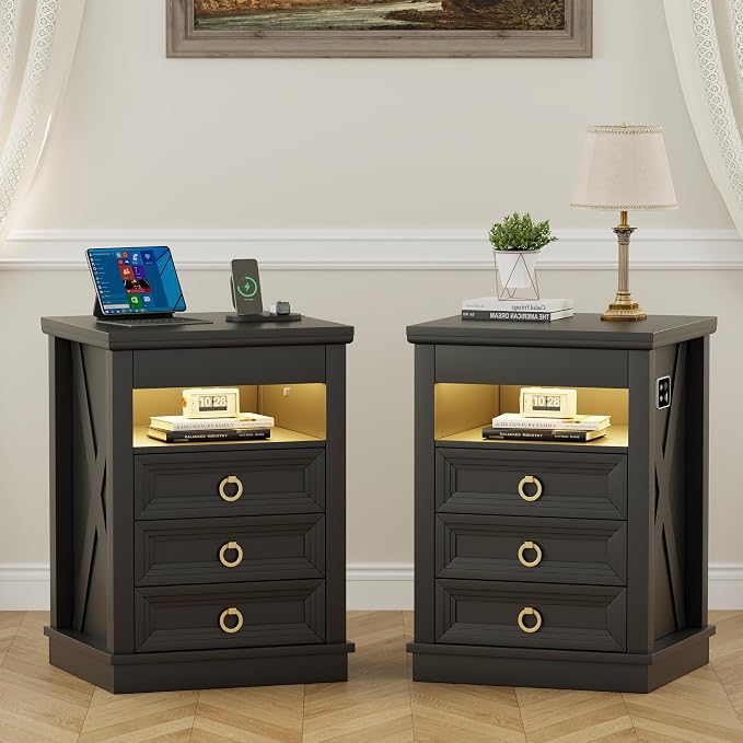 Lvifur Farmhouse Nightstand with Gun Drawer Set of 2, Human Sensor LED Bedside Table with LED Lights & Charging Station, Rustic Wood Sofa Side End Table with 3 Drawers for Bedroom (Blackx2) by LVifur