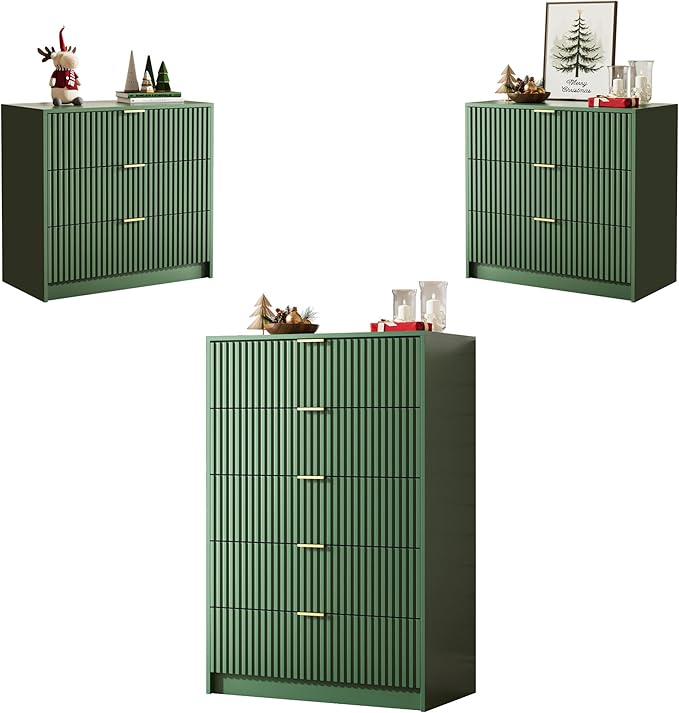 MAISONARIA 3-Piece Dresser Bedroom Set, 5 Drawer Dresser & 3 Drawer Nightstands with Gold Handles, Fluted Wood Chest of Drawers for Bedroom, Living Room, Entryway, Green