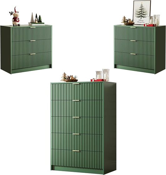 MAISONARIA 3-Piece Dresser Bedroom Set, 5 Drawer Dresser & 3 Drawer Nightstands with Gold Handles, Fluted Wood Chest of Drawers for Bedroom, Living Room, Entryway, Green