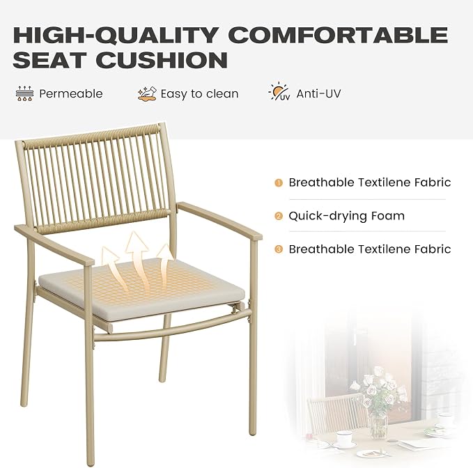 Outdoor Dining Set for 2, Patio Dining Chair with Soft Cushion, Matte Metal Spray Coating Patio Dining Chair, 2 Wicker Rattan Chairs for Backyard, Garden & Poolside,Beige - Image 2
