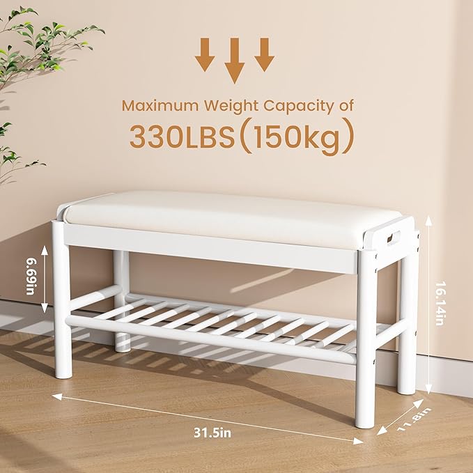 Entryway Shoe Storage Bench, 2-Tier Wood Shoe Rack with Cushion, Padded Seat Entryway Organizer with Shelf & Hidden Storage for Entry, Hallway, Living Room, Bedroom, Closet (White, 31.5") - Image 2