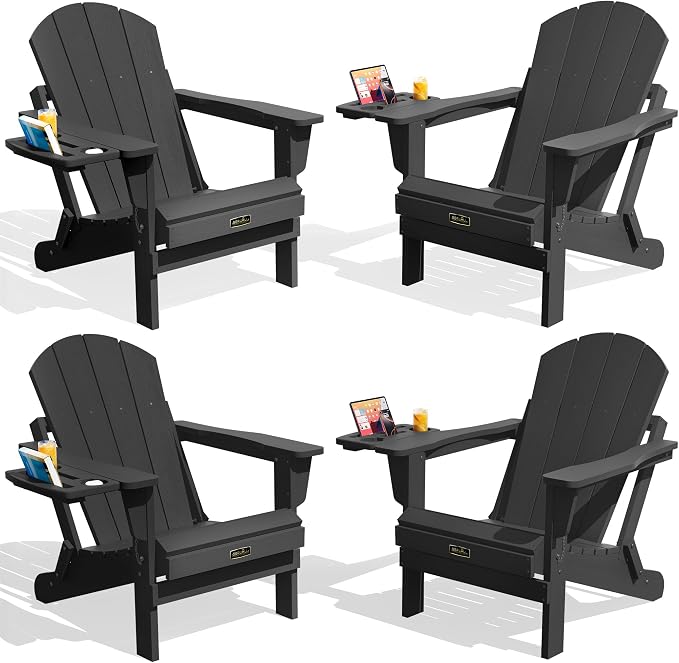 SERWALL Folding Adirondack Chair Set of 4, Outdoor Adirondack Chairs with 4 in 1 Cup Holder, Wood Texture Patio Chairs, Weather Resistant Fire Pit Chairs for Patio Deck Garden, Backyard Deck - Black by SERWALL