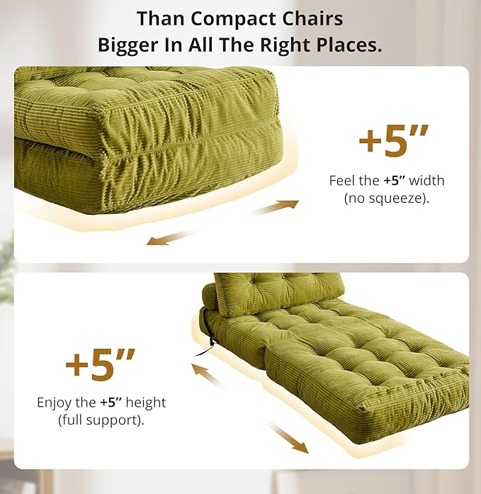 Folding Sofa Bed, Convertible Sleeper Chair with Pillow, Foldable Mattress with Back Support, Portable Floor Sofa Lounge for Living Room Bedroom Dorm(Green, Single)