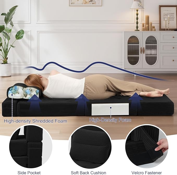 COMAX Folding Sofa Bed, Foldable Couch for Bedroom, Convertible Floor Sleeper Futon Chair Foam, Corduroy 3 in 1 Fold Out Chair Portable Comfy Lounge Couch Sofa Bed for Small Space, Single, Black