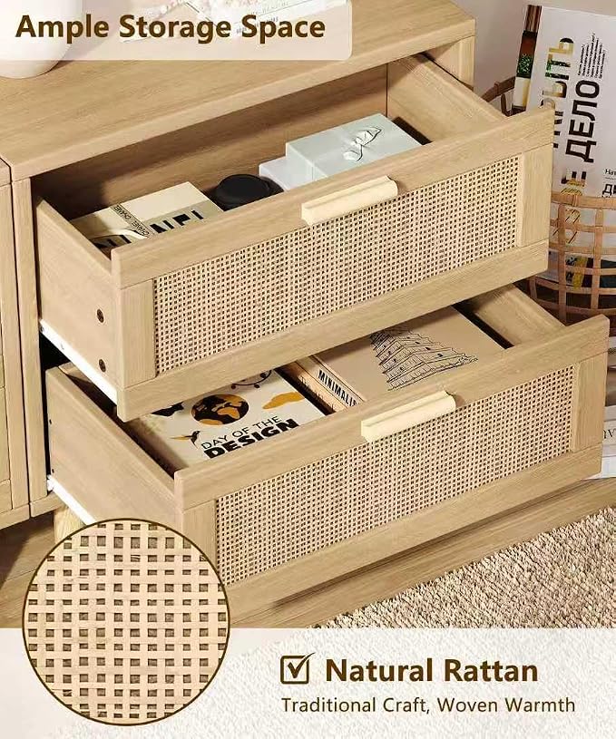 Keehusux 23.6" W Rattan Nightstand with Charging Station, Large Bedside Table with 2 Drawers, Wooden End Table with Solid Wood Legs, Boho Night Stand for Bedroom, Natural Oak KES009MECTG - Image 4