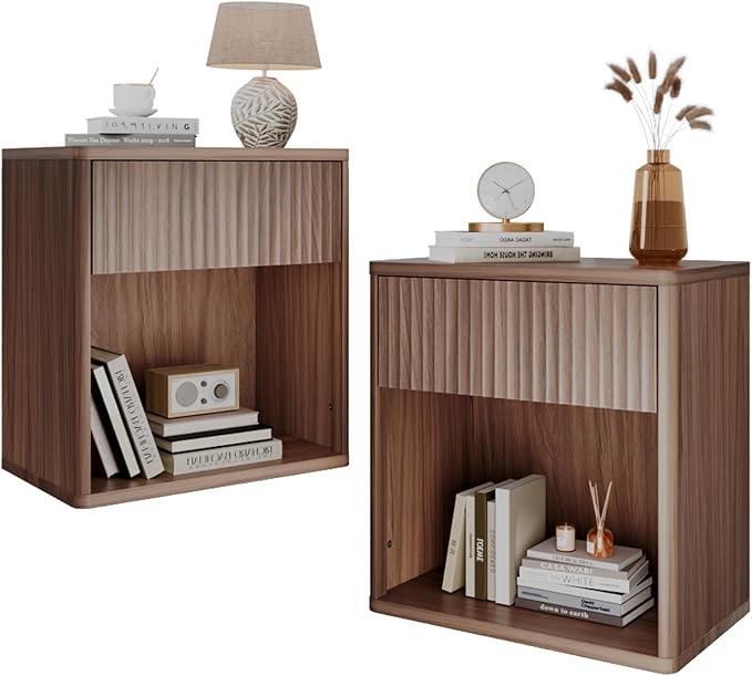 WLIVE Night Stand Set of 2, Wood Nightstand Sets with Storage Drawer and Open Shelf, Fluted Bedroom Nighstands, Mid Century Bed Side Table, End Tables Living Room, Dorm, Home Office, Carrocci Brown by WLIVE