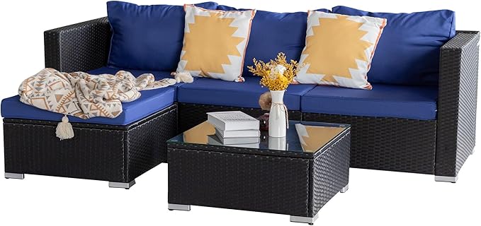 5 Piece Rattan Patio Furniture Set, Outdoor Patio Conversation Set with Table,Soft Cushion and Backrest,Modern Chairs and Table Sets,Outdoor Furniture for Porch, Garden, Lawn,Black/Blue
