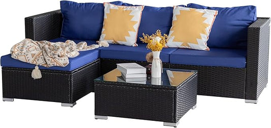 5 Piece Rattan Patio Furniture Set, Outdoor Patio Conversation Set with Table,Soft Cushion and Backrest,Modern Chairs and Table Sets,Outdoor Furniture for Porch, Garden, Lawn,Black/Blue