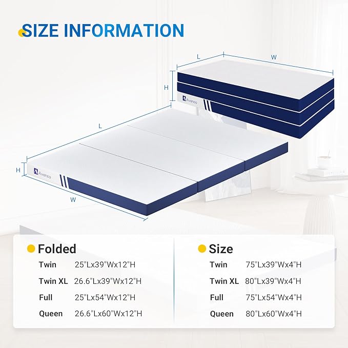 Avenco Folding Mattress Queen, Trifold Mattress 4 Inch Memory Foam for Guest Room/Caravan/Camping/Travel Mattress, Tri Folding Mattress Portable with Removable Cover & Non-Slip Bottom, 80" Lx60 Wx4 H