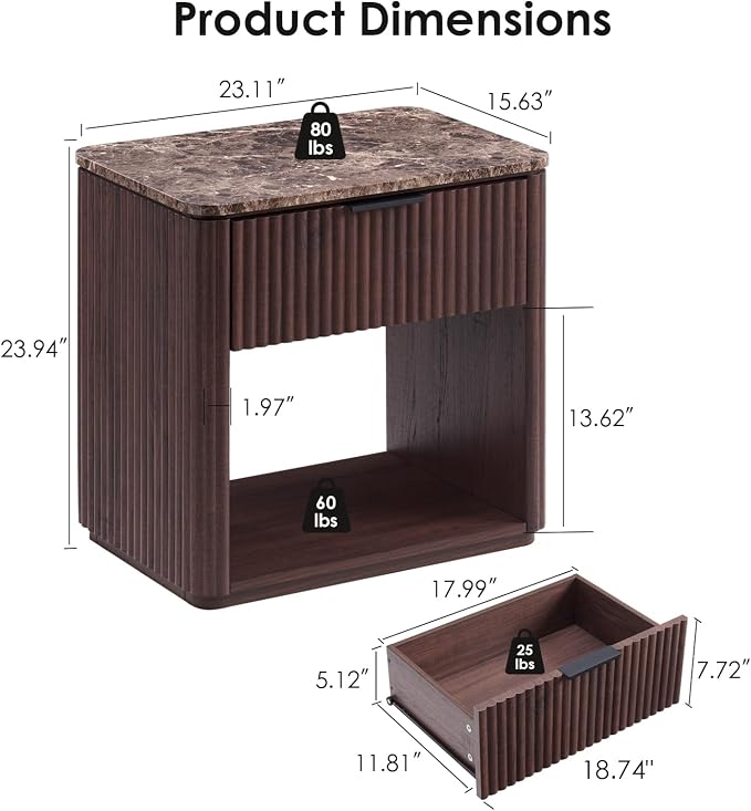 Fluted Nightstand Set of 2, 23" W Night Stand with Drawer, Wood Bed Side Table with Faux Marble-Top, Curved Corner, Metal Handle, Modern Bedside Table for Bedroom, Living Room, Office, Dark Oak - Image 3