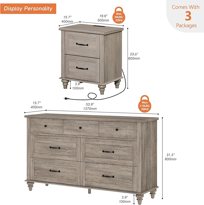 WAMPAT 3 Piece Bedroom Set - Includes Bedroom 7 Drawer Dresser, Set of 2 Nightstands with Charging Station & Drawers, 3 Piece Dresser and Nightstand Sets, Grey