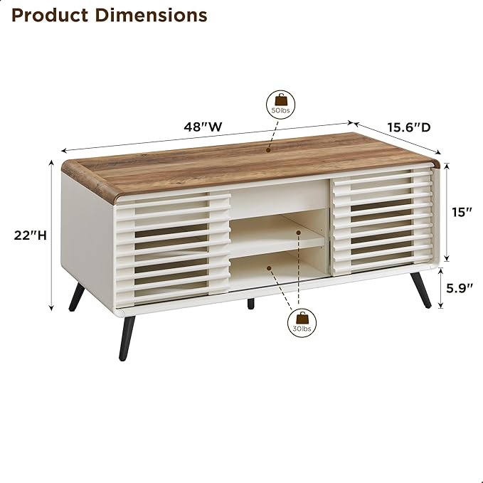 OKD Lift Top Coffee Table Sliding Slatted Door, 48" Mid Century Modern Wood Center Table Hidden Storage Compartment & Adjustable Shelf, Lift Tabletop Dining Table for Living Room,Antique White